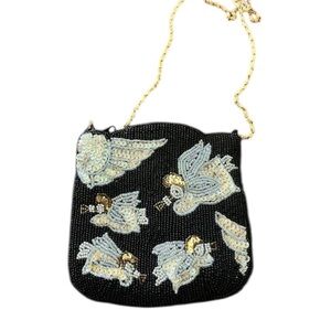 Vintage seed bead angel Crossbody, black gold, silver beaded purse